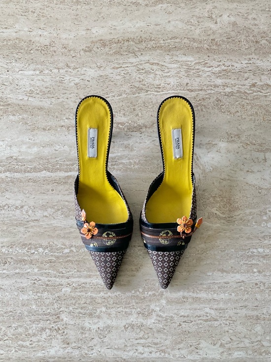 Prada Shoes - Vintage Prada Kimono Blossom Appliqué Mule Heels